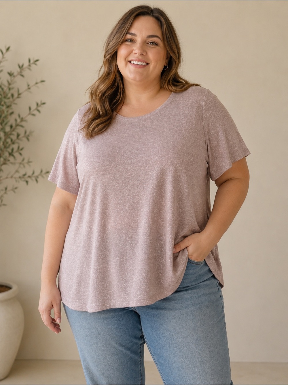 Women’s Plus Shimmer Knit Sweater Tee in Dusty Rose 2X